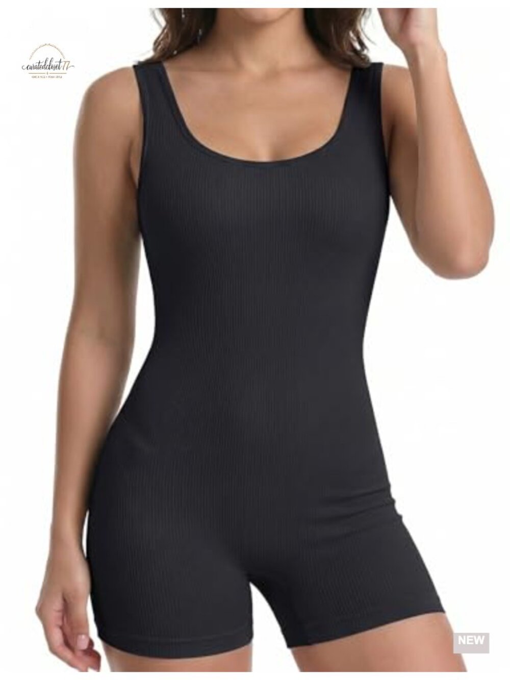 Ribbed Seamless Knit Square Neck Sleeveless Jumpsuit Yoga Romper - Picture 1 of 6